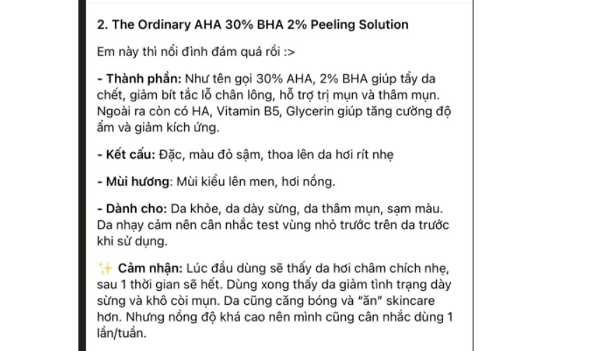 Cảm nhận khách hàng khi sử dụng The Ordinary AHA 30 + BHA 2 Peeling Solution